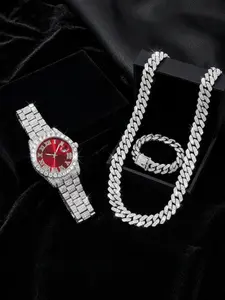 3-piece setHip Hop Cuban Link Jewelry Set for Men, Iced Out Chain Necklace Bracelet & Watch Set, Bling Rhinestone Accessories, Luxury Rap Style Jewelry, Father's Day Gift for Dad, Husband or Boyfriend, Trendy Watch Set