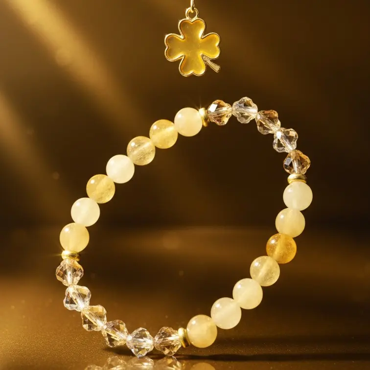 Natural Citrine and Four-Leaf Clover Braceletwith 18K Gold Spacers, Luck & Abundance Healing Crystal Jewelry for Women and men