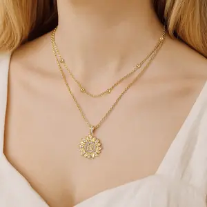 MEIITRUE Sunflower Initial Pendant Necklace for Women, 14K Gold Plated Letter Layer Neckalce with Sparkling Zirconia, Hypoallergenic Jewelry for Women & Girls