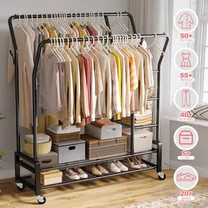 RaybeeFurniture Portable Clothing Rack with Wheels, Double Rod Clothing Rack for Hanging Clothes - 245LBS Capacity - Laundry, Accessories