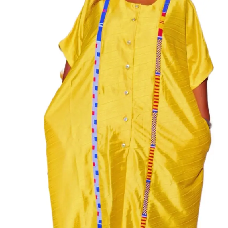 Afriyie Luxury Silky Women's Bubu Dress Kente Infused Yellow with blue, white and red Accents and Button Front Design Womenswear Elegant