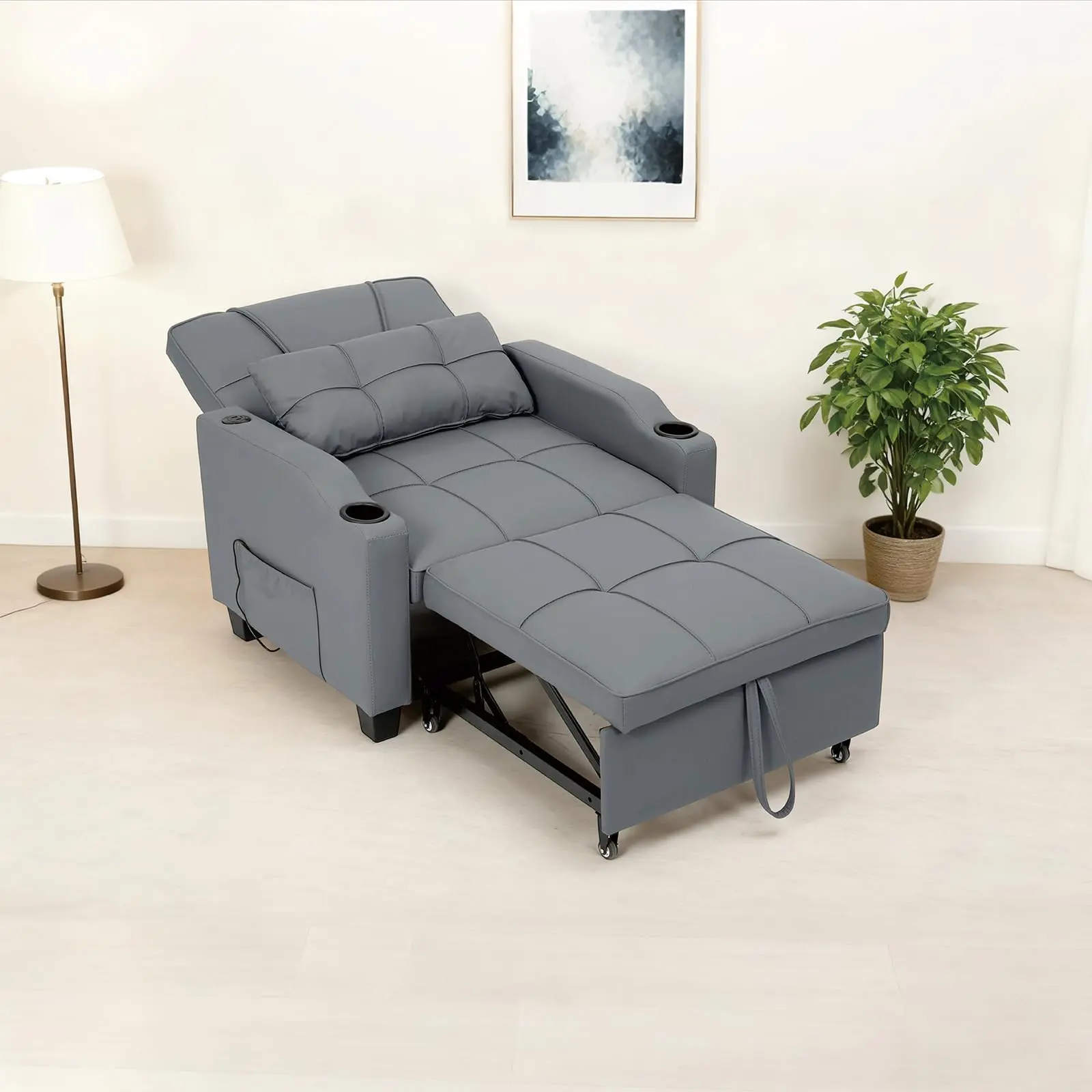 Garvee 4-in-1 Convertible Sleeper Chair with Pull-Out Bed, Vibration Massage, Lumbar Pillow, USB/Type-C Ports, Cup Holders, and Side Pocket - Ideal Single Recliner Sofa for Small Spaces in Grey