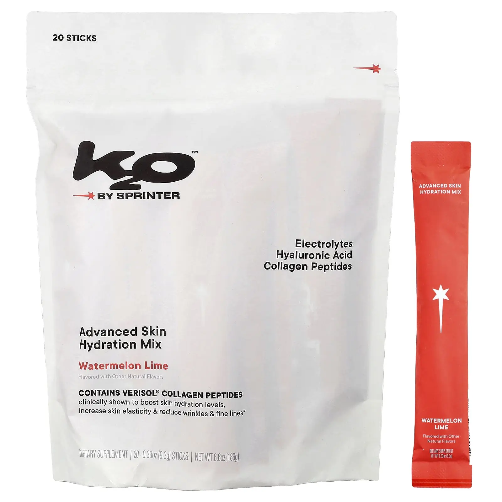 k2o by Sprinter Advanced Skin Hydration Mix, Watermelon Lime, 20 Sticks, 0.33 oz (9.3 g) Each