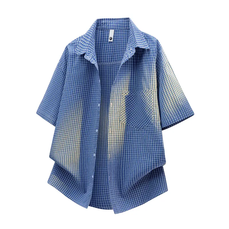Men's Chic Plaid Shirt, Retro Short Sleeve Drop-Shoulder Button-Up, Lightweight Textured Breathable Cotton, Relaxed Fit Summer Casual Tops, Cardigan, Menswear