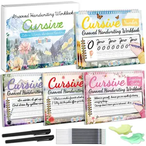 GISGFIM 4 Pack Grooved Cursive Handwriting Workbook Kit Magic Reusable Grooved Handwriting Practice with Disappearing Ink Pens Cursive Workbook for Kids Number Poems Jokes & Riddles Inspiring Quotes