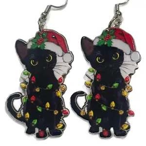 Black Cat Earrings Christmas Tree Santa Hat Lights Holly Green Red White Yellow Cute Kitty