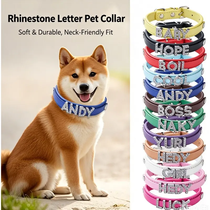 Personalized dog collar, PU leather identification collar for small dogs and cats, with 4 letters, suitable for small/medium/large dogs
