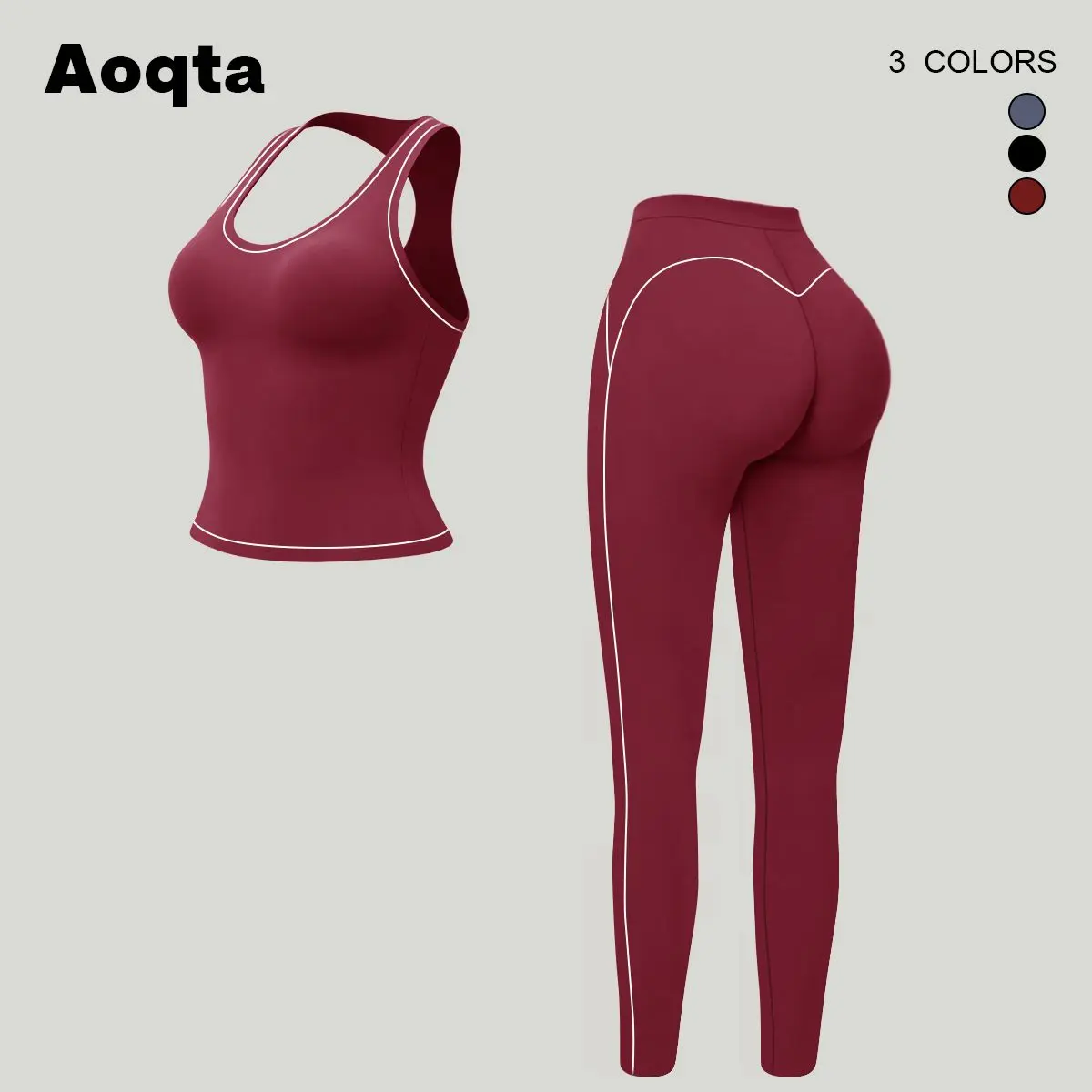 Aoqta yoga Women's Sport Casual 2-Piece Set, Sexy Backless Sleeveless U-Neck Racerback Contrast Color Trim Tank Tops and High Waist Tummy Control Butt-Lifting Workout Leggings, for Yoga, Training, Gym and Daily Wear