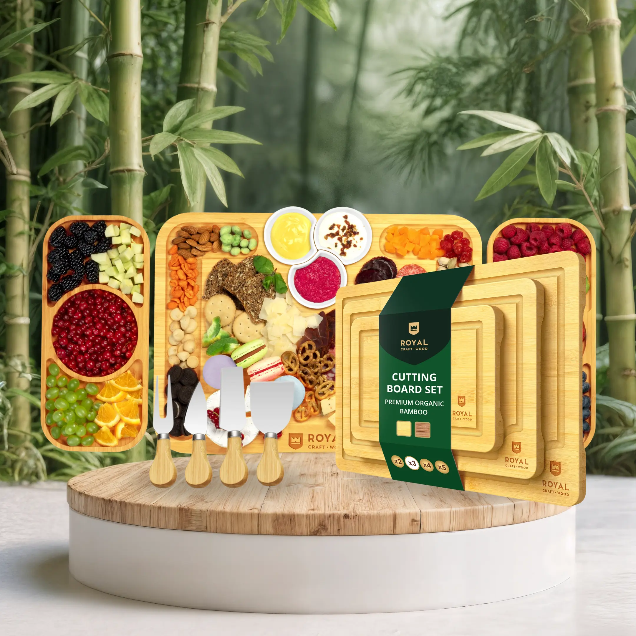 [26] Cheese Board with Side Trays & Cutting Board Set of 3