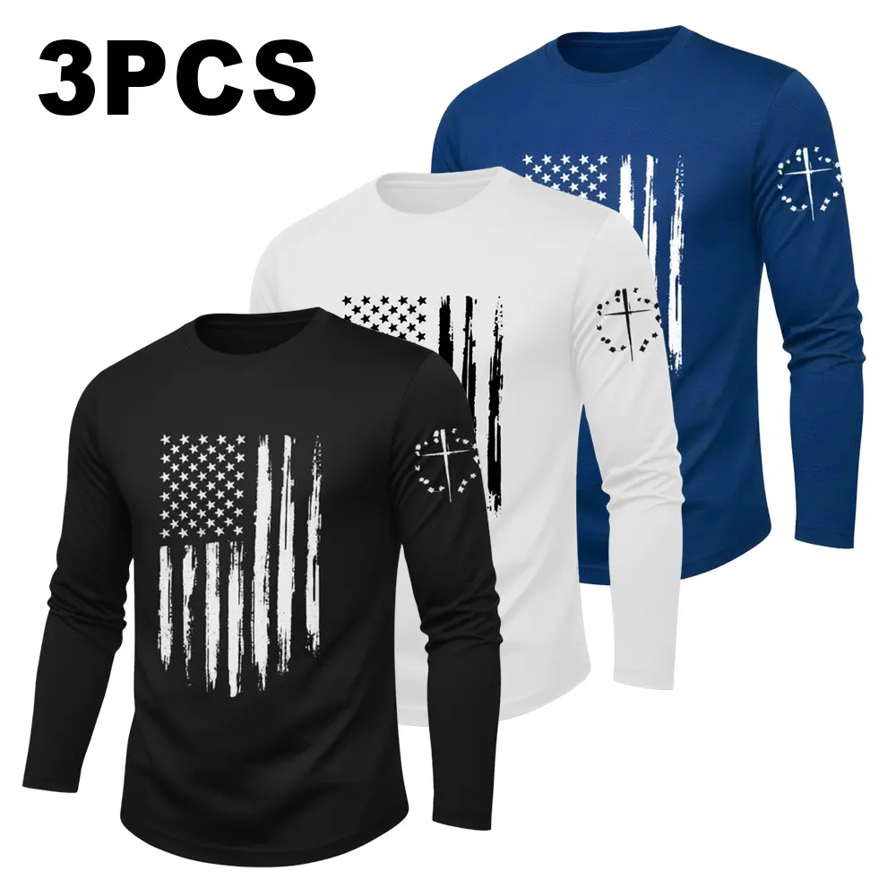 Men's Plus Size (2xl,3xl,4xl) Long Sleeve Casual Crew Neck T-Shirts 3-Pack - Big & Tall US Pride Graphic Tees, Stretch Fit Patriotic Undershirts (Black,White,Blue) sohochic