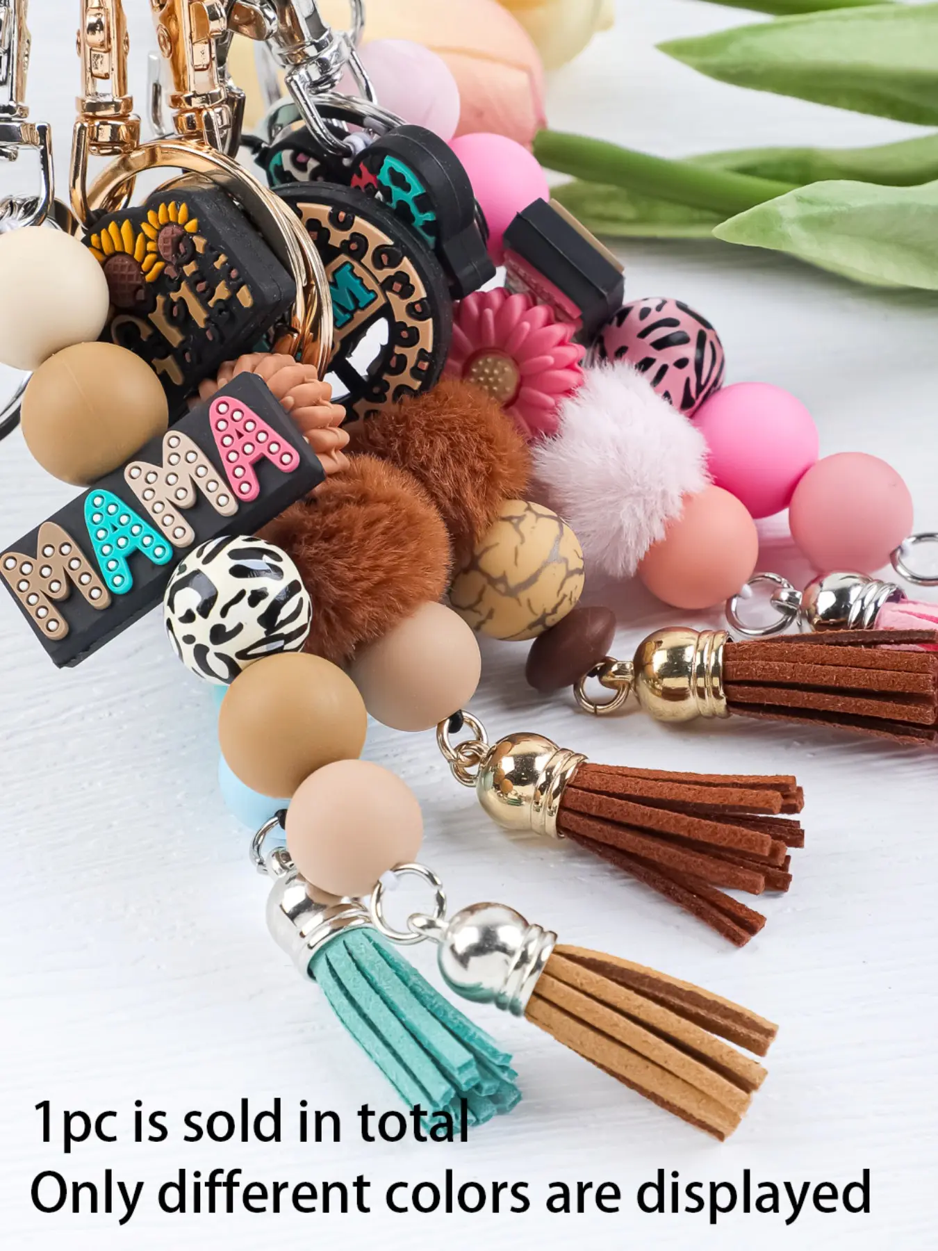 Mama Beaded Keychain, Mom Silicone Bead Keyring, Mother's Day Gift, Leopard Print Keychain, Tassel Keychain, Mama Bag Charm, Sunflower Mama Keychain, Fuzzy Keychain, Keychain For Purse, Keychain Accessory