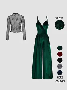 Lace Long Sleeve Top and Solid Color Strap High Waist Jumpsuit 2 Piece Set, Stylish Women's for Any Occasion, Elegant and Comfortable Fashion Wear