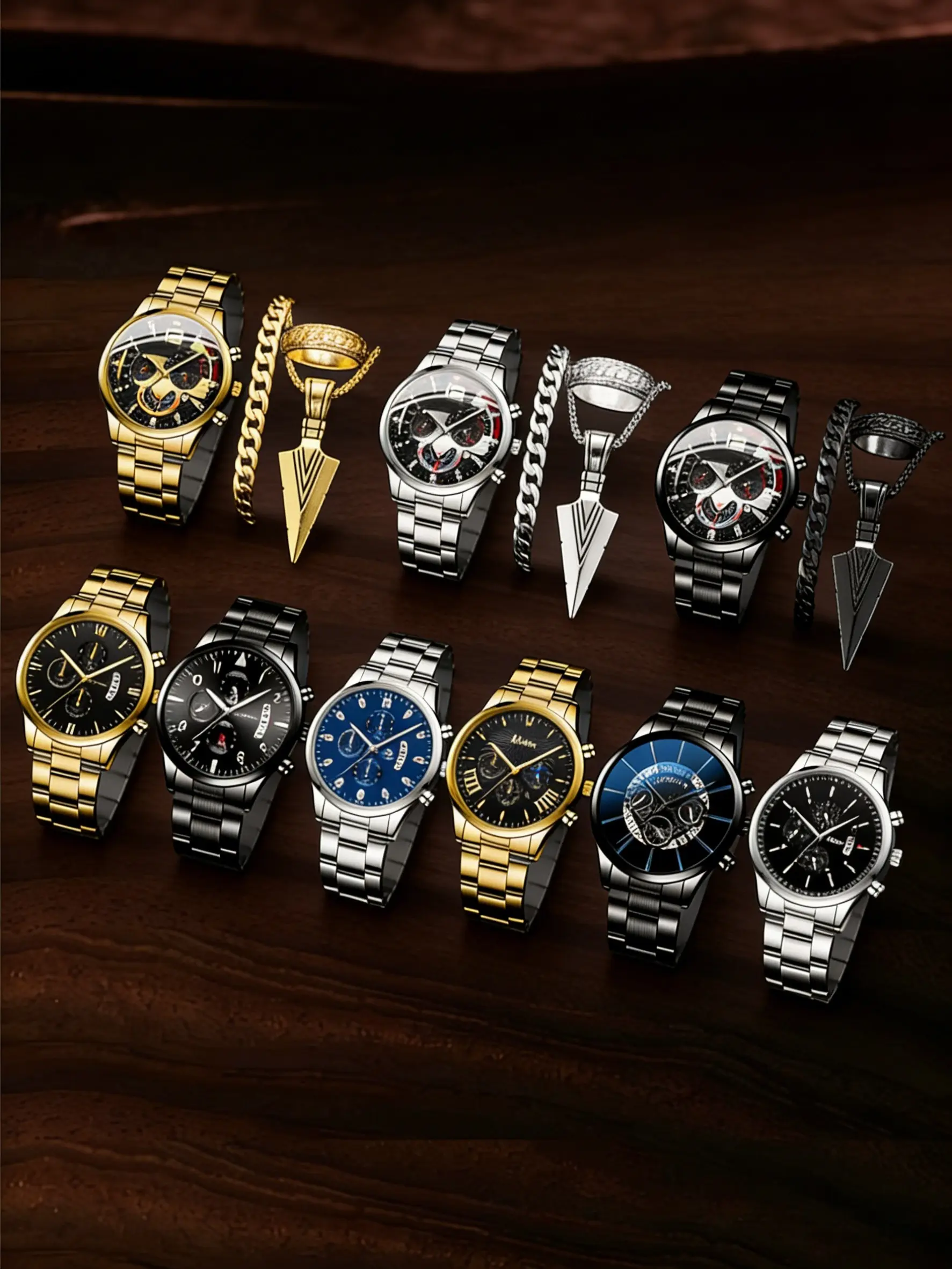 18pcs Stylish Business Men's Watch Set with Necklace, Bracelet, and Ring, Perfect Gift for Birthdays, Exquisite Watch Set, Accessories Set