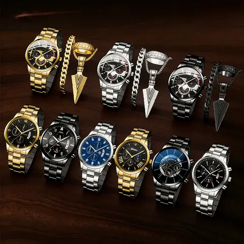 18pcs Stylish Business Men's Watch Set with Necklace, Bracelet, and Ring, Perfect Gift for Birthdays, Exquisite Watch Set, Accessory Set
