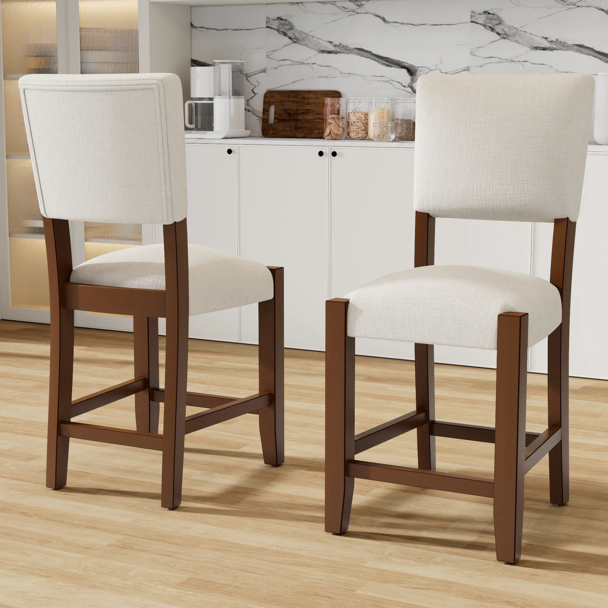 Mid Century Modern Bar Stools Set of 2, 40.4" Counter Stools with Back, Linen Upholstered Barstools with Solid Wood Legs, Beige Bar Chairs for Kitchen Island Dining Room, Dining Room Chairs for Kitchen, Dining Room, Living Room