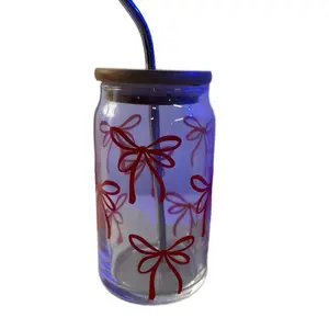 Libbey Glass with Red Bows - Ideal for Drinkware and Bottles Bamboo Reusable Cup Beverage