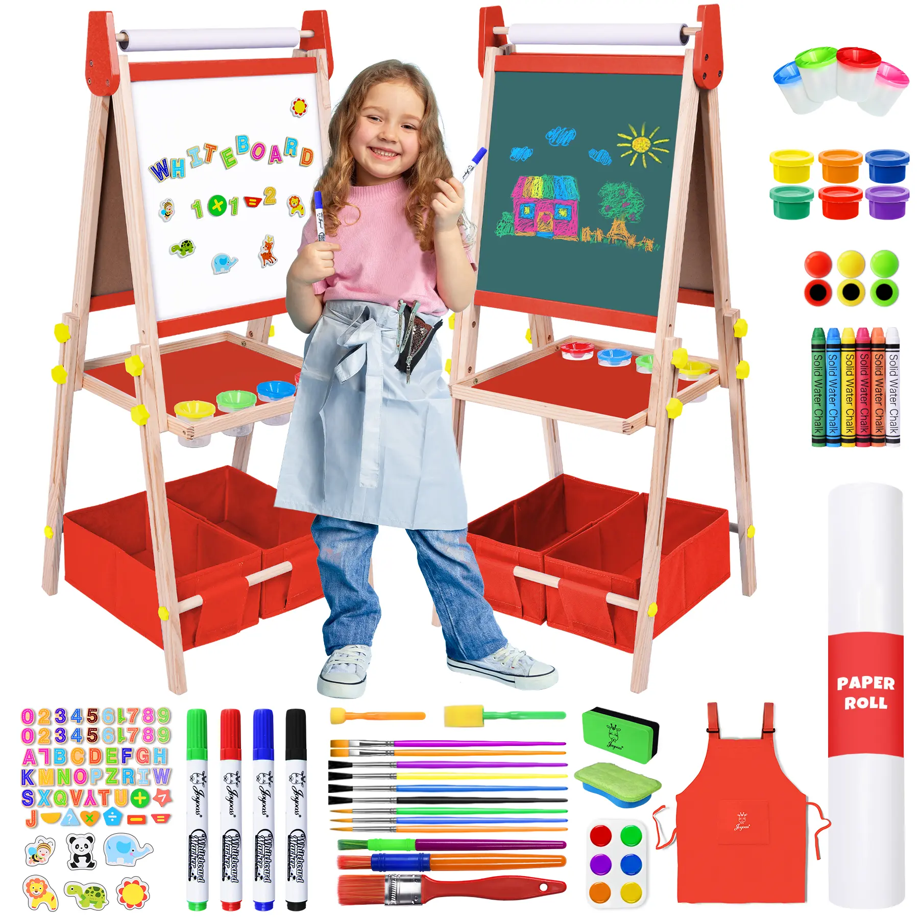 Kids Art Easel Adjustable Wooden Double-Sided with Paper Roll Joyooss 122 RED Durable Drawing Pad Waterproof Brush Markers