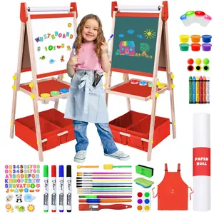 Kids Art Easel Adjustable Wooden Double-Sided with Paper Roll Joyooss 122 RED Durable Drawing Pad Waterproof Brush Markers