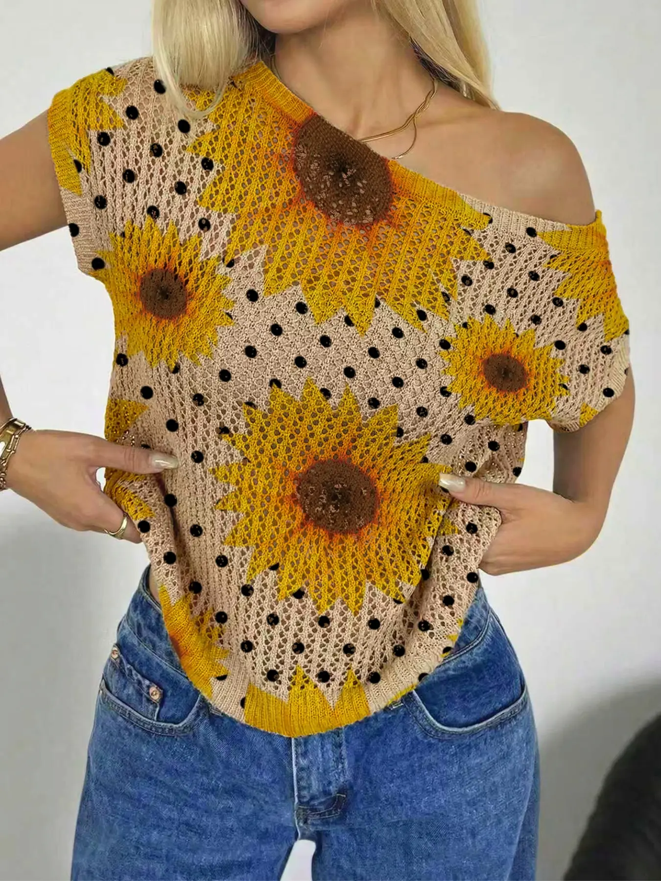 Women's Summer Knit Top, Womenswear, Asymmetrical Neck, Batwing Sleeve, Sunflower Print, Beachwear, Bikini Cover-Up, Casual Fashion, Swimwear Cover Up, Swimsuit Cover Up, Swimsuit Coverups