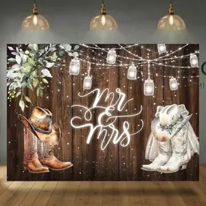 2D Flat Banner Mr. & Mrs. Backdrop, Western Boots Leaves Design, Rustic Wood Floor Pattern, Wedding Engagement Photography Background