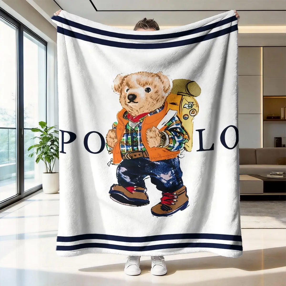 Trendy Cute Bear Flannel Plush Blanket - Soft, Cozy, Thick Heavyweight Polyester Fiber Throw, Glam Modern Solid Colors, Wrinkle Resistant, Pill-Free, Ideal Home Decor for Couch & Bed, Gift for Fashion Lovers