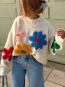 Women's Floral Embroidery Drop Shoulder Sweater Pullover, Casual Long Sleeve Round Neck Jumper for Fall & Winter, Fashion Ladies' Knitwear for Daily Wear, Womenswear