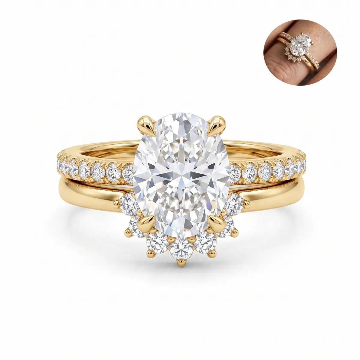 Oval Crown Engagement Ring Set for Women, Brilliant Ice-Cut Synthetic Gems Bridal Sets, 2-Piece Curved Sunburst Promise Anniversary Rings