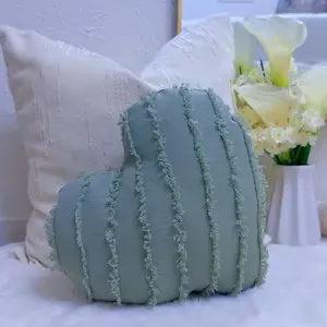 Heart Decorative Pillow - Soft Green Fringed Design for Cozy Home Decor