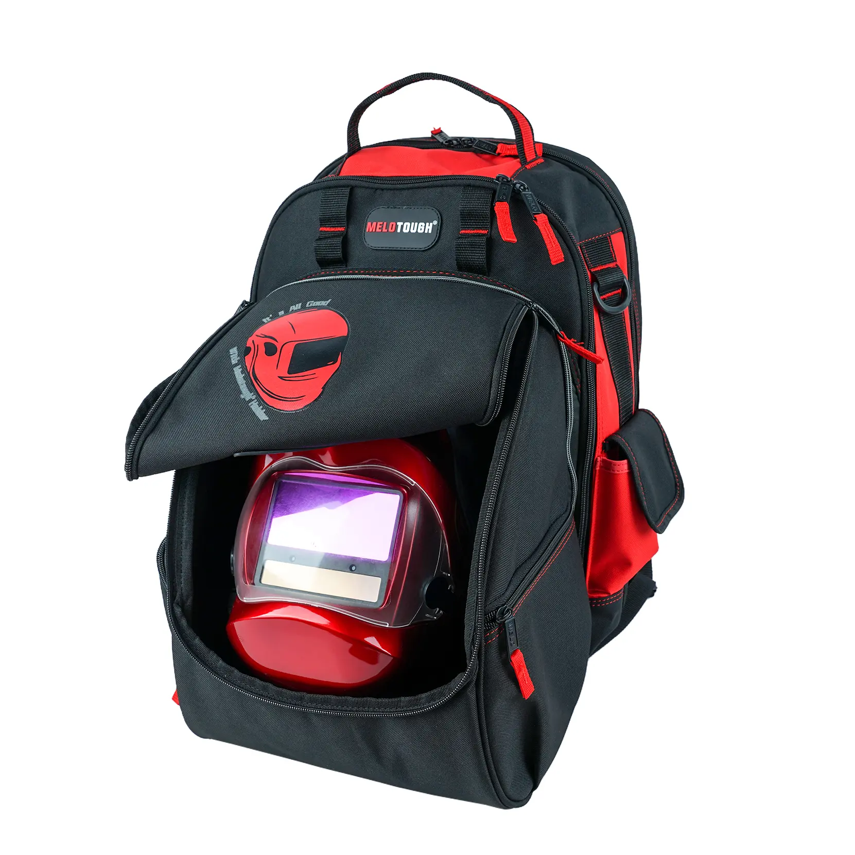 MELOTOUGH Welding Gear Backpack, Large-Capacity Helmet Holder Bag with Multi-Functional Hammer Holder & Tool Bags (Red)