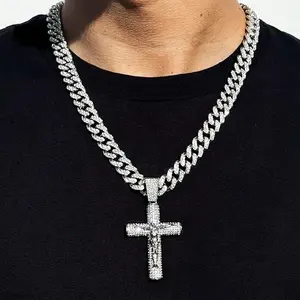 MaxBling81 Men's Hip Hop Silver-Plated Jesus Crucifix Cross Necklace, 13mm Iced CZ Cuban Chain, 18-30in Fashionable Jewelry Accessories, Exquisite Chain Jewelry, Rhinestone Cross Necklaces for Daily/Birthday Use