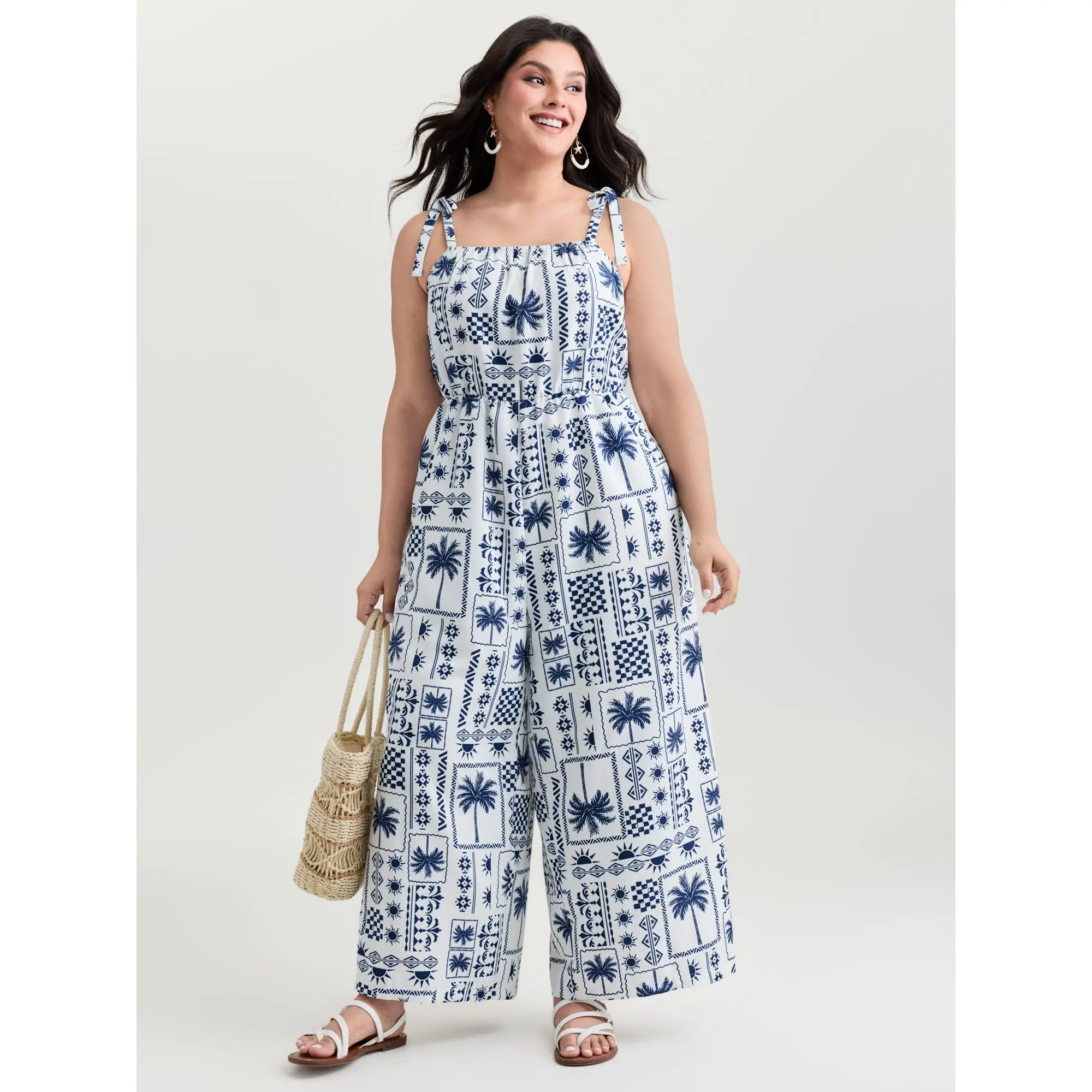 BloomChic Women's Plus Size Bohemian Tropical Print Sleeveless Wide-Leg Maxi Jumpsuit - Adjustable Strap Coveralls Overalls with Shoulder-Knot Detail, Pockets, Fit, Polyester Shell, Easy Wear, Maxi Length Sweeps Past the Ankles for Summer, Fabric, One-Pie