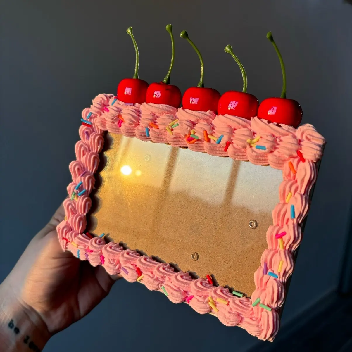 Pink Fake Cake Mirror with Cherries Room Decor - Perfect for Home or Office