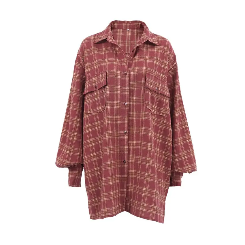 Women's Brick Red Plaid Long-Sleeve Soft Oversize Length Drop Shoulder Soft Blend Vintage Flannel Shirt - Casual Relaxed-Fit Top, Classic Fabric Essential for Denim & Leggings Pairing, Grid