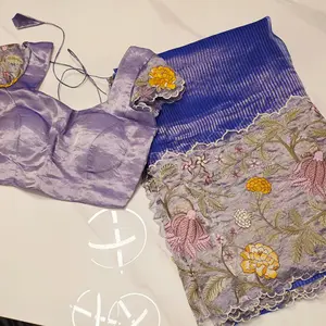 Navy Blue Banaras Tissue Stripes Saree With Applique Work