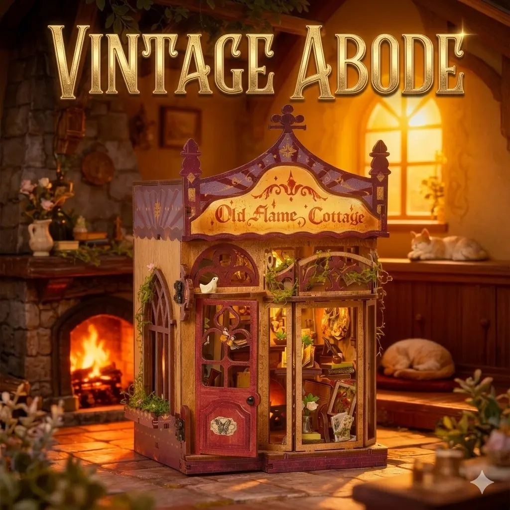 DIY Book Nook Kit - Vintage Abode Miniature Bookshelf Insert with LED Light, 3D Wooden Diorama Bookend, Aesthetic Home Decor Craft for Adults, DIY Collectible Model