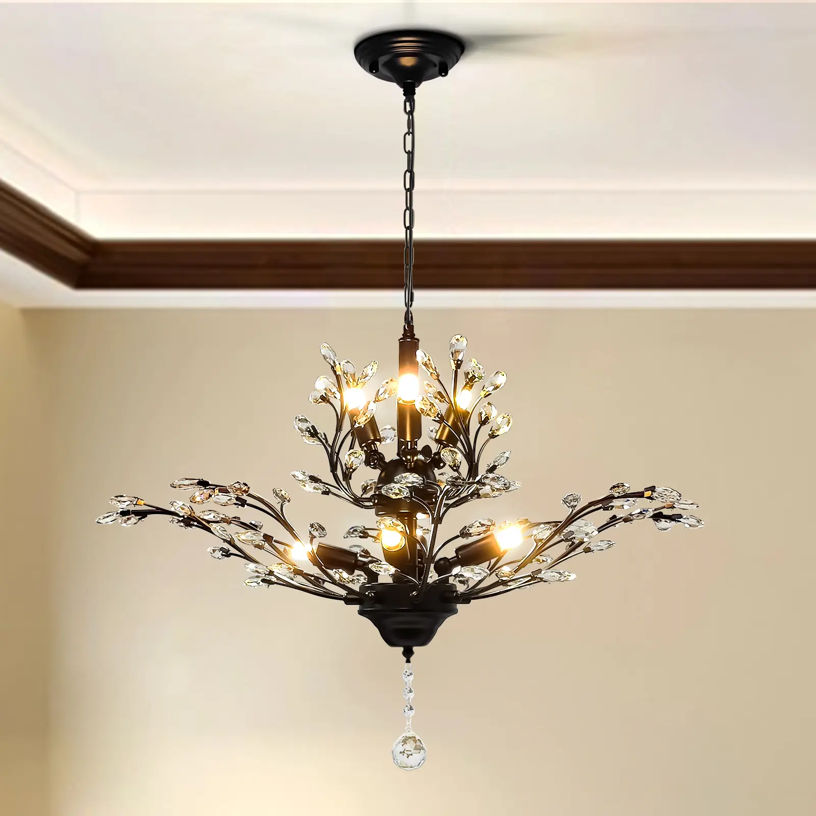 7-Light Black Wrought Iron Branch Crystal Chandelier, Floral Twig Shape Hanging Lamp with Adjustable Chain E12 Vintage Crystal Pendant Light for Living Room Dining Entry Foyer
