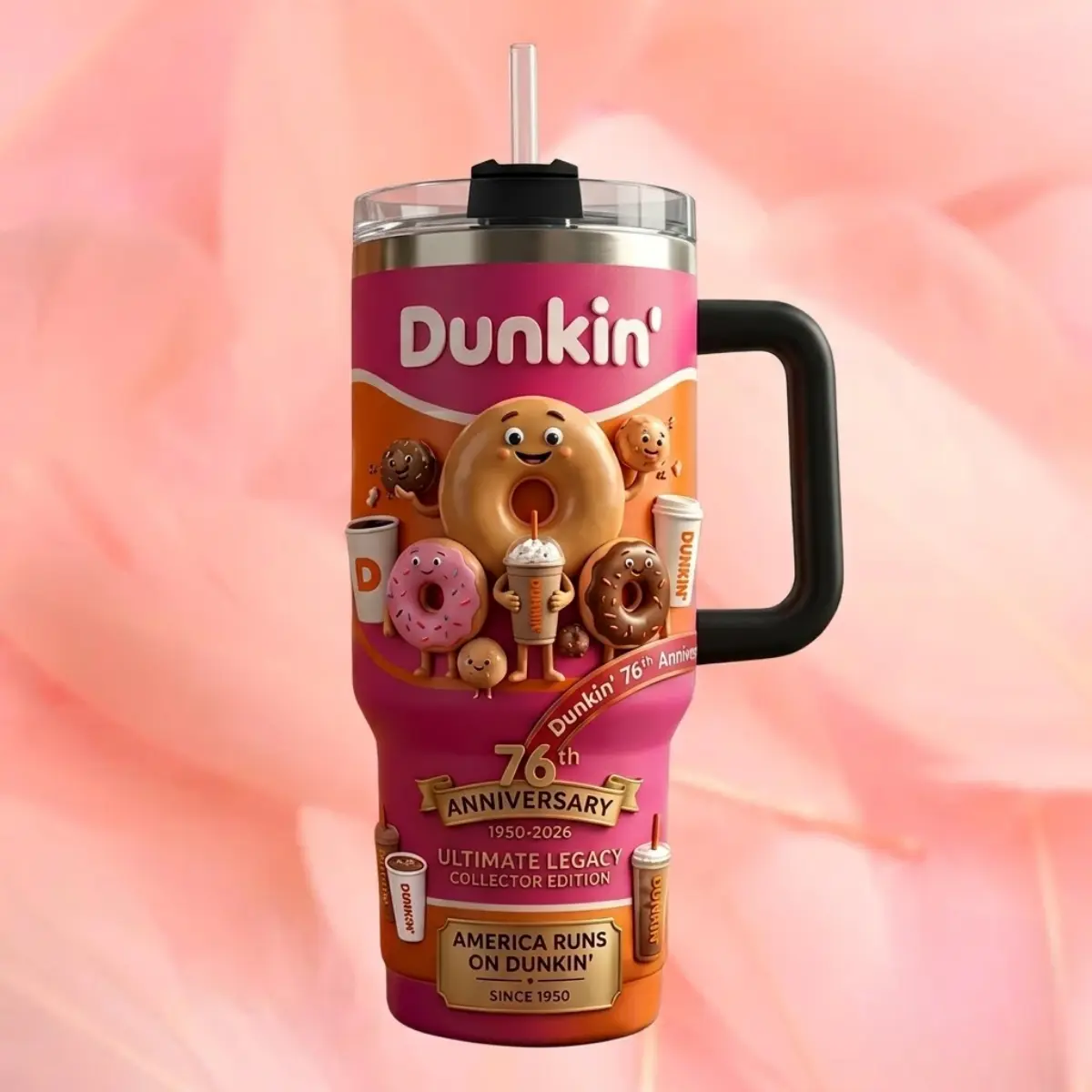 Dunkin' 76th Anniversary Ultimate Legacy Tumbler with Handle, Insulated Stainless Steel Travel Mug, Coffee Lover Collectible Cup, Anniversary Fan Gift, Dunkin Tumbler, Double Wall Coffee Lover Cups