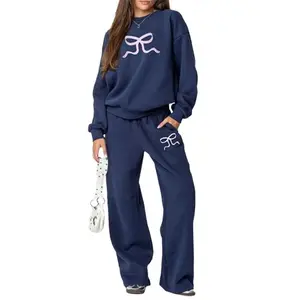 Women Pants Set, Bow Print Long Sleeve Crew Neck Hoodie And Sweatpants Set Activewear Set Valentine's Day