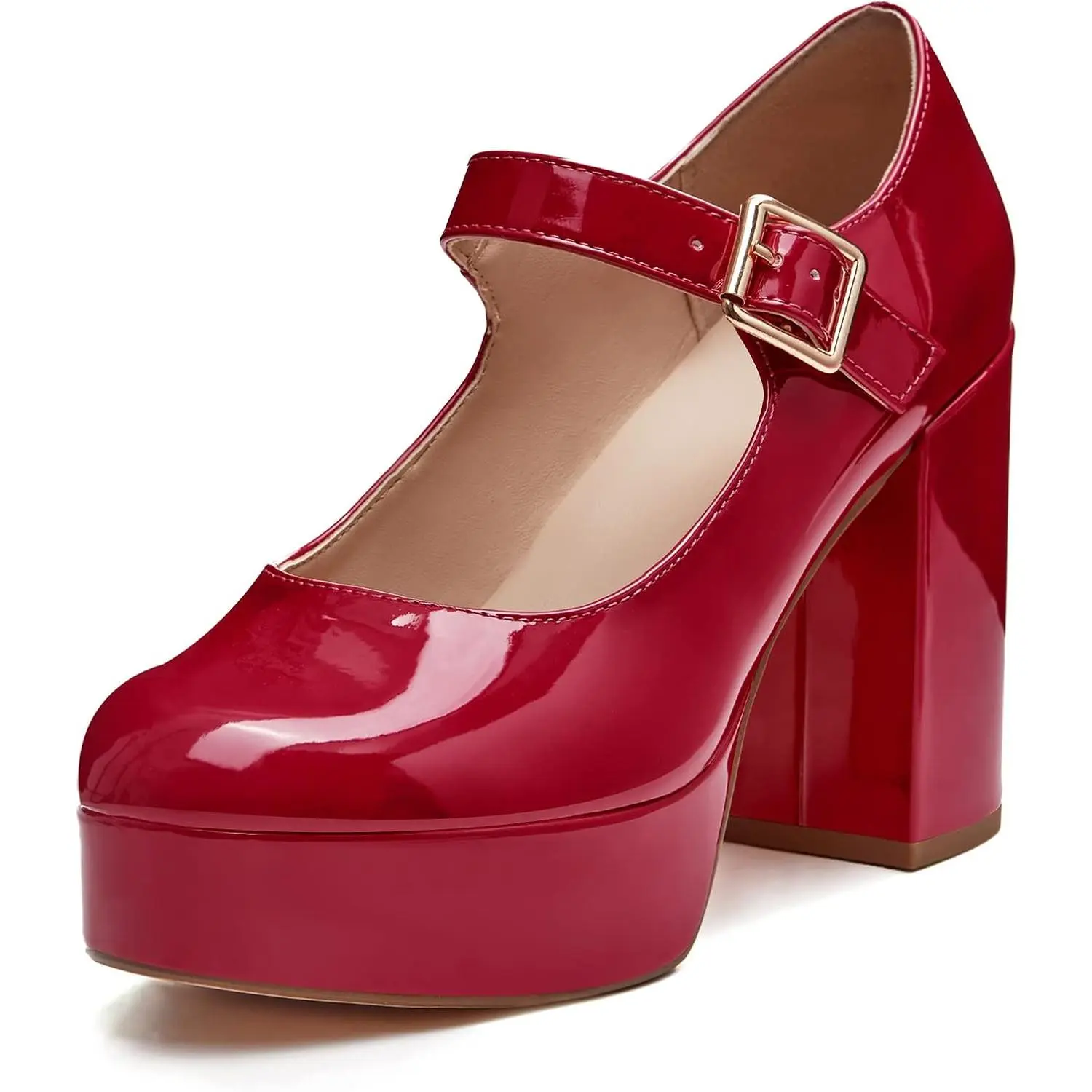 Coutgo Women's PU Mary Jane Shoes - T-Strap, Round Toe, Chunky Platform Heels, Patent Finish Women's Walking Shoes for Classy Elegant Occasions, Mary Janes