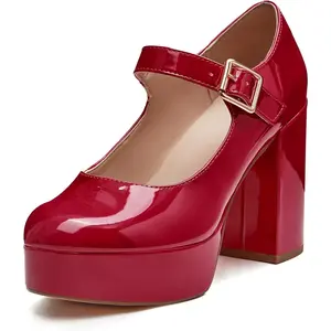 Coutgo Women's T-Strap Round Toe Chunky Platform Heels Patent Mary Jane Dress Shoes