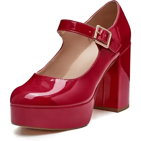Coutgo Women's Classic Mary Jane Shoes - Patent PU T-Strap Pumps with Chunky Platform Heels, Round Toe, Preppy Style, T-Strap Slim Leg Design, for Casual & Back to School Wear, Women's Footwear Heels