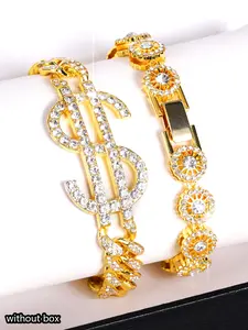 2pcs Street Hip-Hop Stacked Bracelet Sets, Shining Dollar $-Shaped Cuban Chain Chrysanthemum Chain Bangle, Punk Style Daily Accessories, Rhinestone Bangle Bracelet