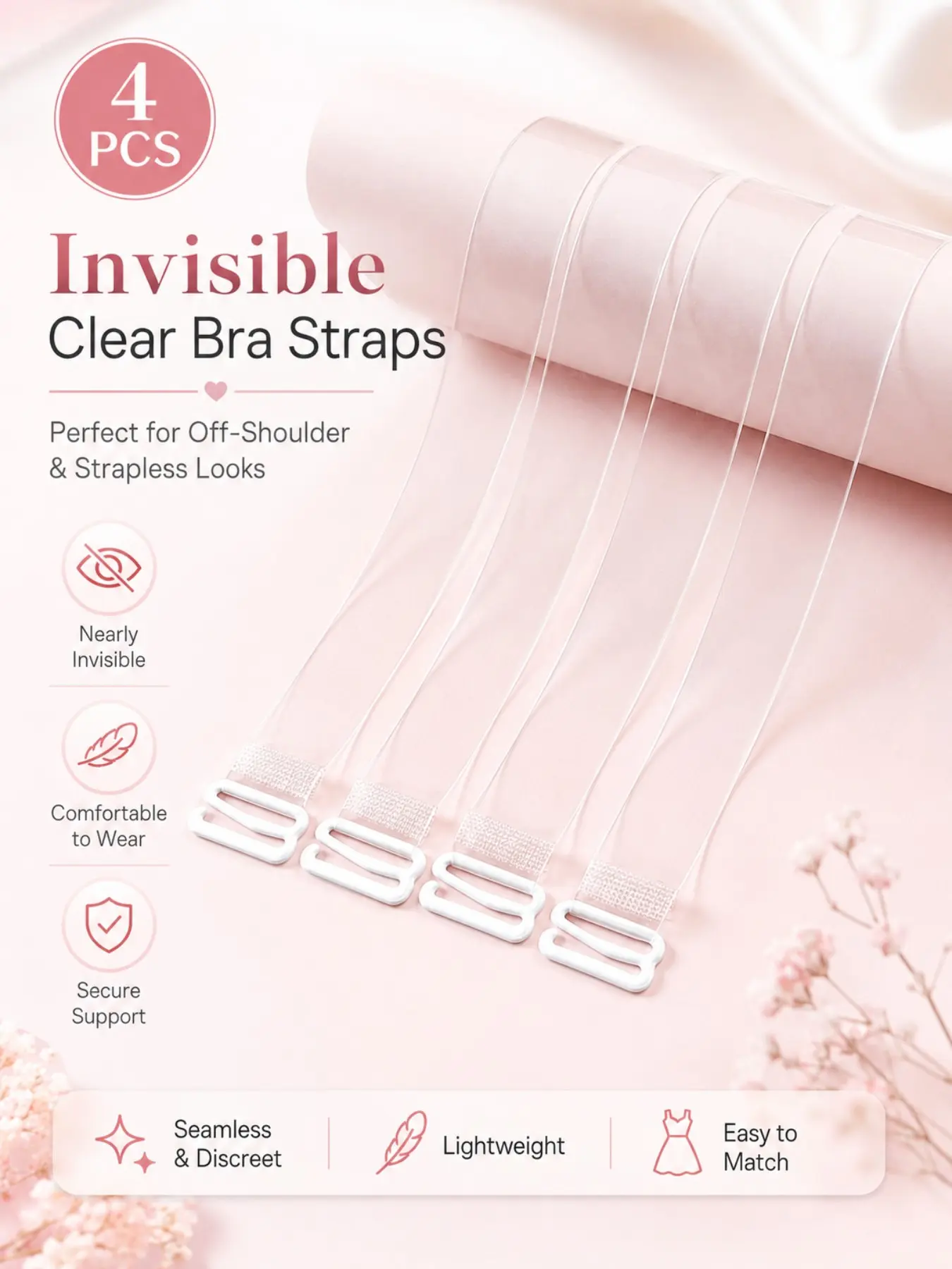 4pcs Transparent Invisible Clear Bra Straps, Women's Non-Slip Adjustable Underwire Seamless Shoulder Straps, Perfect for Sleeveless Dresses & Evening Wear, Accessories