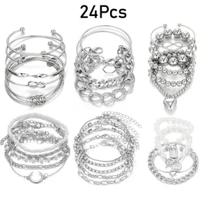 6 PACK (24 PCS) Boho Gold Chain Bracelets Set for Women, 14K Gold Plated Multiple Layered Stackable Open Cuff Wrap Bangle Adjustable Link Italian Cuban Jewelry for Women Gift