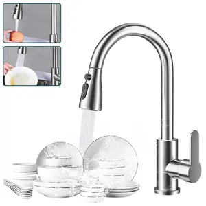 Kitchen Sink Faucet With Pull-Down Spray Single Handle Single Hole High Arc Commercial Stainless Steel Brushed Nickel Kitchen Sink Faucet With Pull Out Sprayer Mixer Tap, Suitable For Kitchen, Bathroom, Christmas Gift