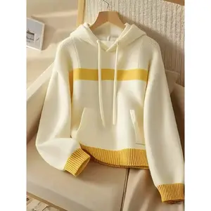 Fashionable retro casual knit sweater, premium hooded patchwork jacket, unique design pullover with pocket, soft and comfortable top GARMENTARY