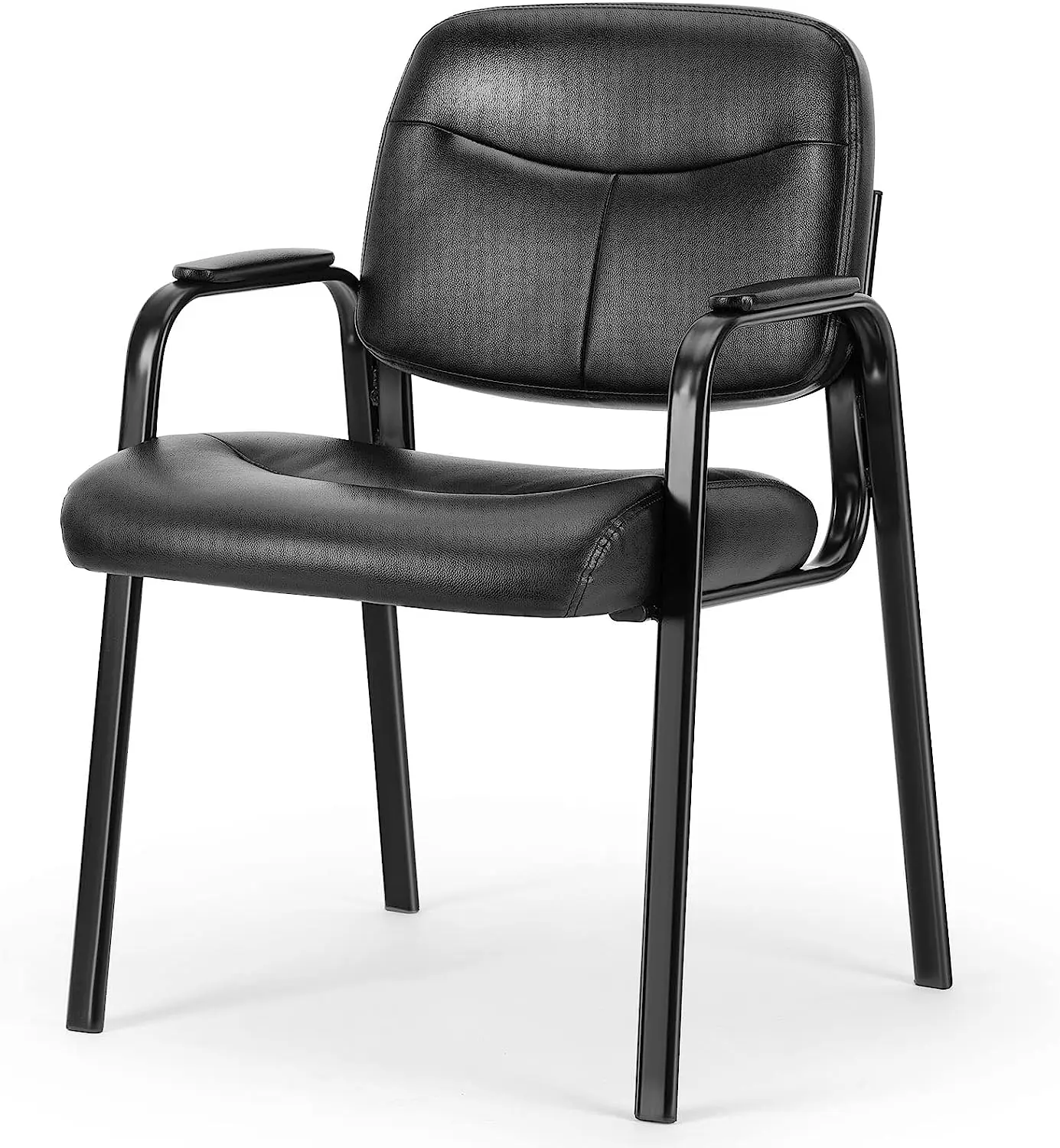 Black Dual-Arm Modern Leather Office Desk Chair - Steel Frame, Arthritis-Friendly Backrest, Fully Padded Chair, Padded Arms, No Wheels, Commercial Furniture for Adults, Conference Rooms, Waiting Room Use