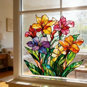 Colorful Glass Flower Window Sticker, Static Rainbow Mosaic Floral Decal, Home Decor for Bedroom Kitchen Windows, Easy to Apply