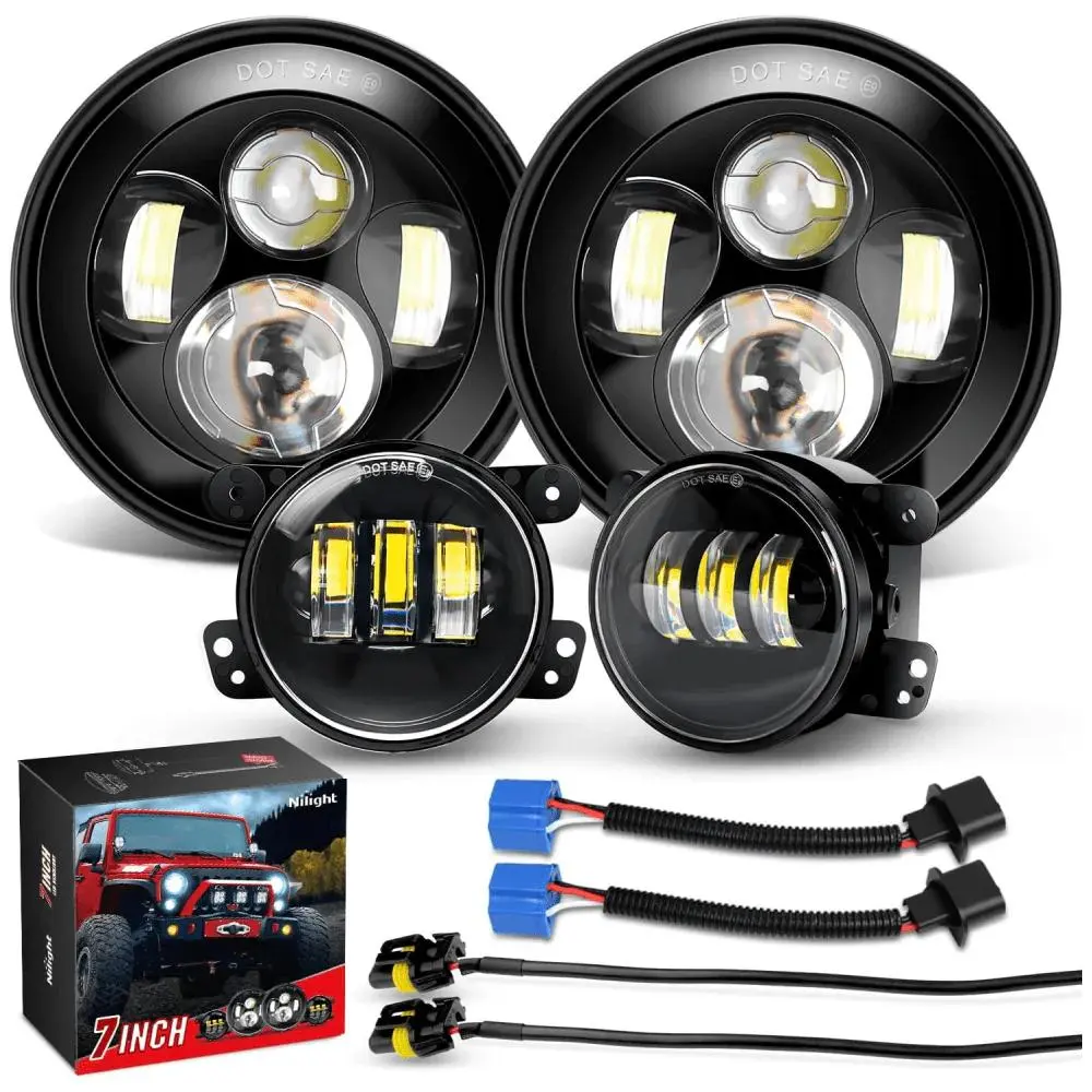 Nilight 7-Inch Round Cree LED Headlights & 4-Inch Fog Lights (4Pcs) Headlight Replacement Car LED Lights with Angel Eyes, High/Low Beam, Aluminum Housing, IP67 Rated for 1997-2018 Wrangler JK, JKU, TJ, CJ, Rubicon, Led Driving Lights