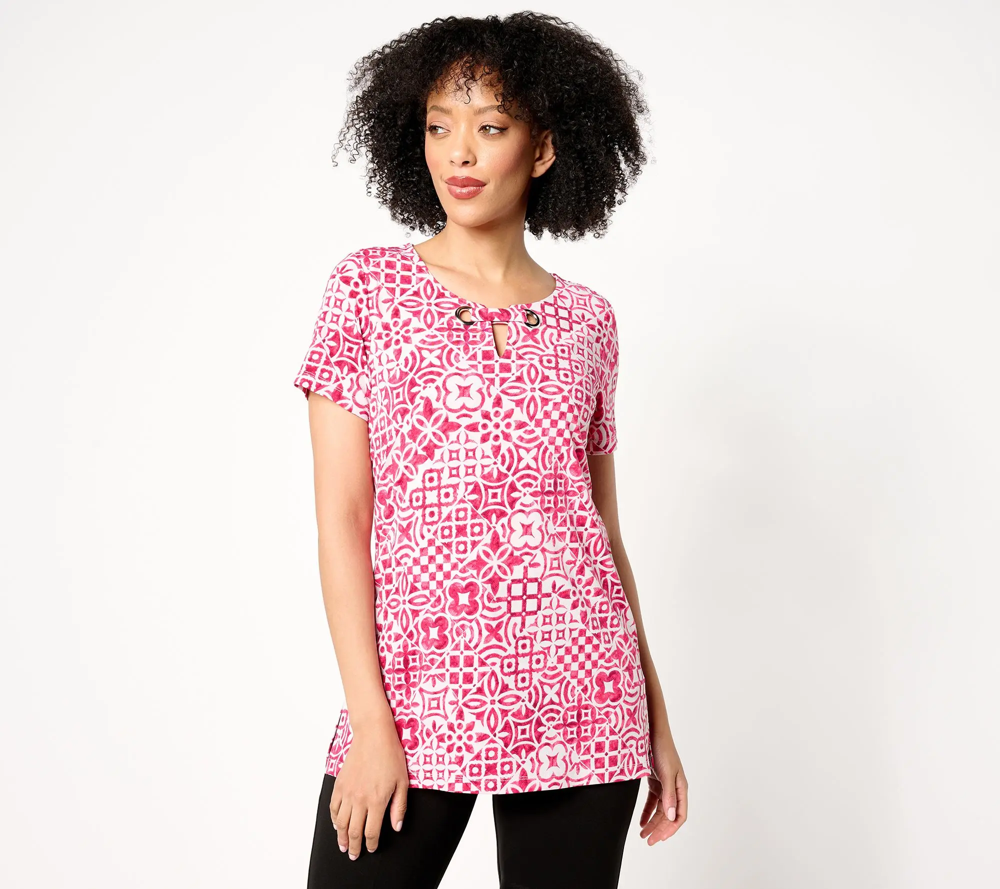 Susan Graver Regular Printed Liquid Knit Tunic with Grommet Detail